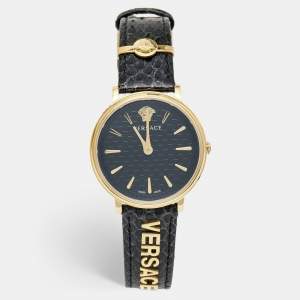 Versace Black Gold Plated Stainless Steel Leather V Circle VE8101022 Men's Wristwatch 38 mm