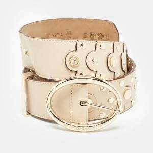 Versace Beige Leather Studded Oval Buckle Belt 90CM