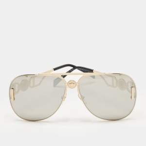 Pre Owned Versace Gold Tone/Grey Mirrored MOD. 2255 Palazzo Aviator Sunglasses