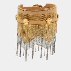 Versace Medusa Leather Two Tone Metal Fringe Bracelet