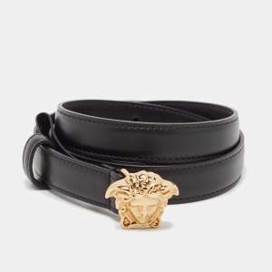 Versace Black Leather La Medusa Slim Buckle Belt 90CM