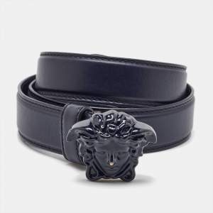 Versace Navy Blue Leather Medusa Buckle Belt 80CM