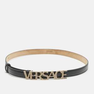 Pre Owned Versace Black Leather Logo Crystals Waist Belt 85CM