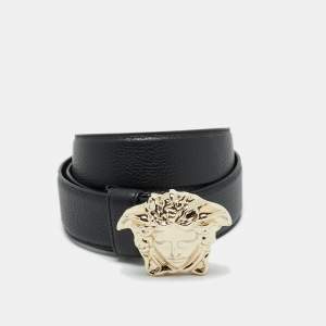 Pre Owned Versace Black Leather La Medusa Buckle Belt 90 CM