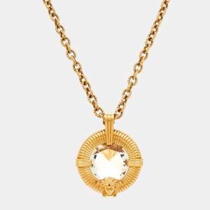 Pre Owned Versace Medusa Crystal Gold Tone Long Pendant Necklace