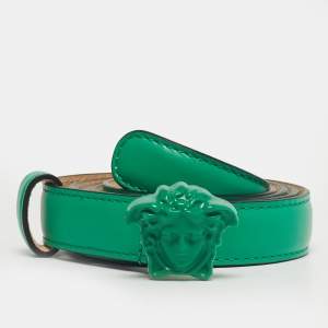 Pre Owned Versace Green Leather Medusa Buckle Slim Belt 95 CM