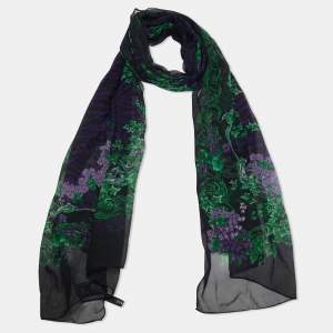 Pre Owned Versace Purple/Green Floral Print Silk Scarf 