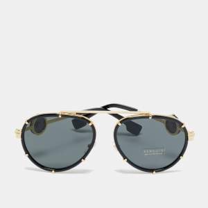مملوكة مسبقًا Versace Black/Gold MOD 2232 Medusa Strap Aviator Sunglasses