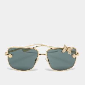 Pre Owned Versace Black/Gold Tone MOD 2282 Medusa Butterfly Crystal Square Sunglasses