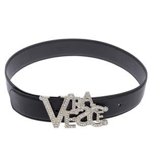 Versace Black Leather Crystal Embellished Logo Buckle Belt 75CM