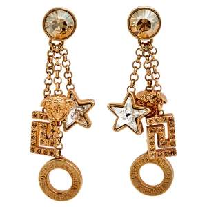 Pre Owned Versace Gold Tone Crystal Star & Medusa Drop Earrings