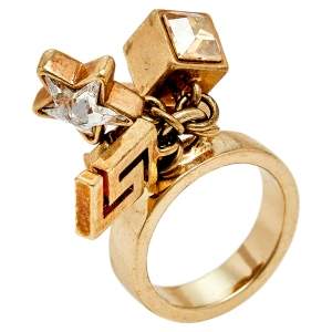 Pre Owned Versace Gold Tone Star & Medusa Charms Ring Size EU 57