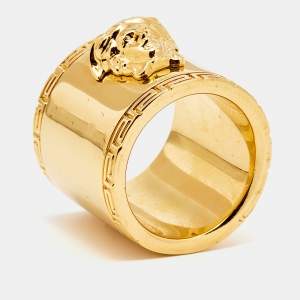Pre Owned Versace Medusa Greek Key Gold Tone Metal Wide Band Ring Size 55
