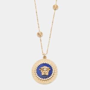 Versace Icon Medusa Lapis Lazuli Gold Tone Pendant Necklace