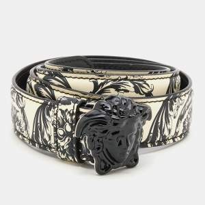 Versace Black/White Baroque Print Leather Medusa Waist Belt 80 CM