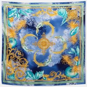 Versace Blue Mermaid Printed Silk Square Scarf