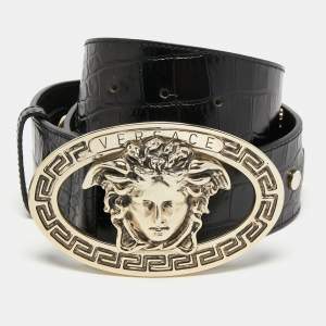 Versace Black Croc Embossed Leather Medusa Wait Buckle Belt 80CM