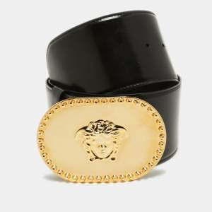 Versace Black Glazed Leather Medusa Waist Buckle Belt 85CM