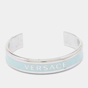 Pre Owned Versace Silver Tone Logo Enamel Medusa Open Cuff Bracelet