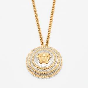 Versace Two Tone Medusa Medallion Pendant Gold Tone Chain Necklace