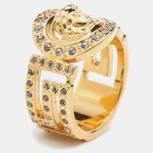 Pre Owned Versace Gold Tone  Crystal Studded Medusa Head Band Ring Size 54