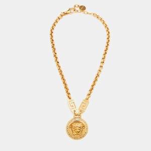 Versace Gold Tone Crystal La Medusa Greca Chain Necklace