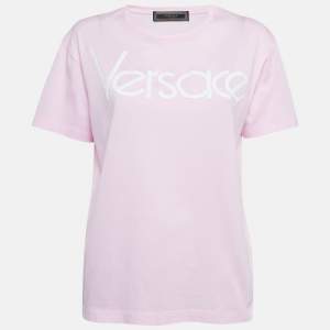 Pre Owned Versace Tribute Pink Logo Embroidered Cotton Knit T-Shirt S