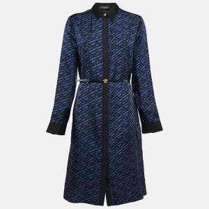 Pre Owned Versace Blue/Black Geometric Print Silk Belted Shirt Dress M