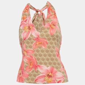 Versace Pink Floral Print Silk Drape Style Halter Neck Top S