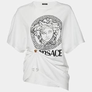 Versace White Logo Print Cotton Medusa Gathered Detail T-Shirt S