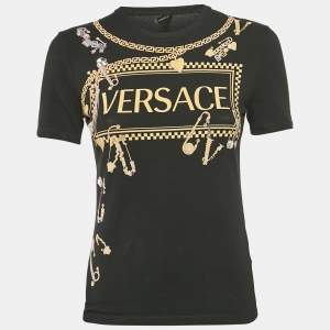 Versace Black Logo and Pins Print Jersey Embellished T-Shirt S