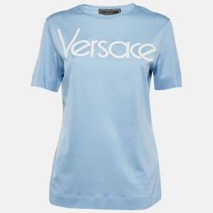 Pre Owned Versace Blue Logo Embroidered Jersey T-Shirt S