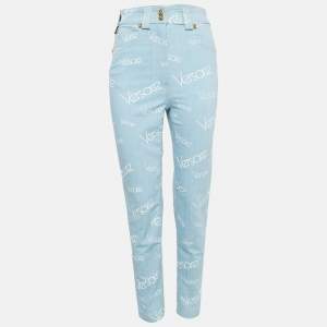 Versace Light Blue Logo All Over Print Denim Skinny Jeans S Waist 27"
