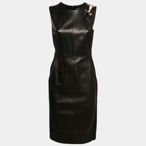 Versace Black Leather and Jersey Sleeveless Brooch Detail Bodycon Dress M