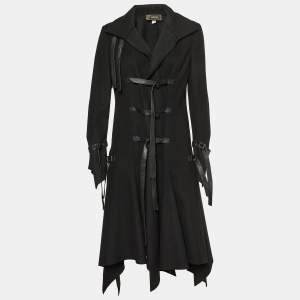 Versace Black Wool Leather Strap Detail Flared Coat M