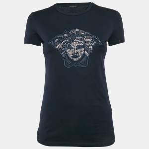Pre Owned Versace Navy Blue Embellished Medusa Jersey T-Shirt M