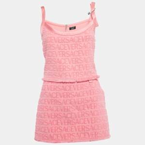 Versace x Dua Lipa Pink Monogram Terry Pin Embellished Skirt and Top Set S