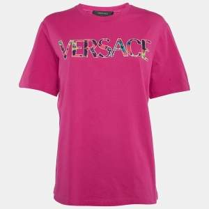 Versace Pink Logo Print Jersey Crew T-Shirt M