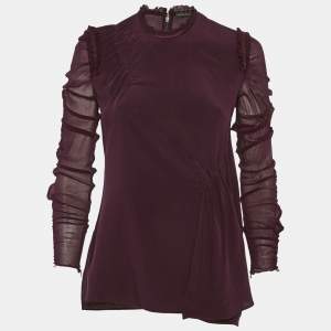 Pre Owned Versace Burgundy Silk Crepe Ruffled Top S