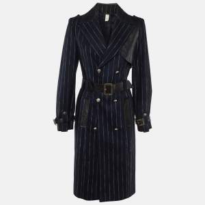 Versace Navy Blue Stripe Wool Belted Double Breasted Trench Coat M
