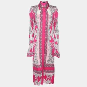 Versace Pink/Silver Satin Baroque Cutout Midi Shirt Dress S