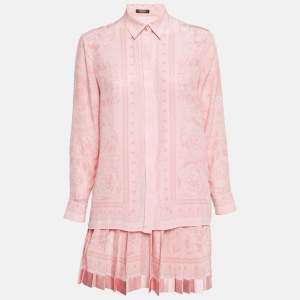 Versace Pink Barocco Print Silk Shirt and Skirt Set S