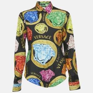 Versace Black Medusa Print Silk Long Sleeve Shirt S