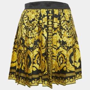 Versace Tribute Black Baroque Print Silk Pleated Mini Skirt S