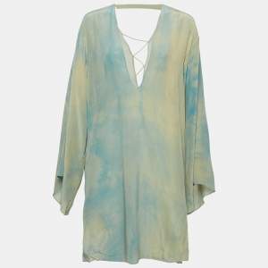 Versace Blue Abstract Print Silk Lace-Up Mini Dress L
