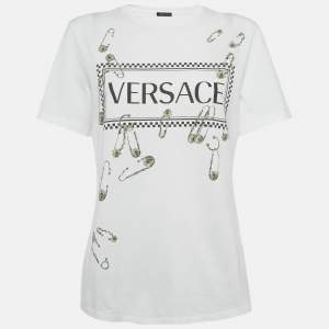 Versace White Logo and Pin Print Cotton Crew Neck T-Shirt M