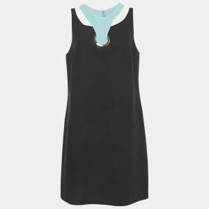 Pre Owned  Versace Black Silk Cut Out Neck Paneled Mini Dress L
