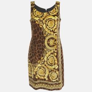 Pre Owned Versace Brown Printed Velvet Sleeveless Mini Dress L
