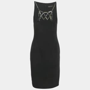 مملوكة مسبقًا Versace Black Silk Metal Detail Short Dress S