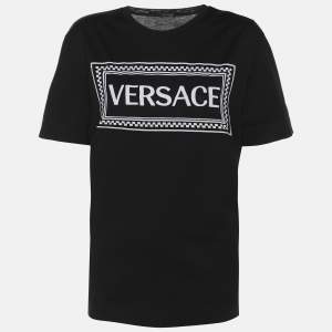 Pre Owned Versace Black Logo Embroidery Cotton Crew Neck T-Shirt M